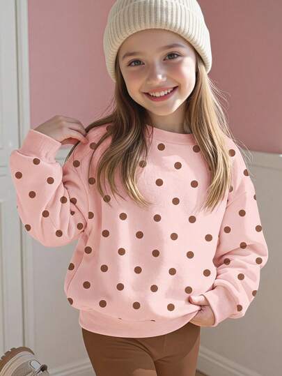 Sudadera tipo pullover de cuello redondo, manga larga, suave, gruesa, cómoda y casual para niña joven, con estampado de lunares, estilo dulce y lindo, adecuada para uso diario en otoño/invierno, regreso a la escuela, salidas, estilo femenino, nuevo estilo de otoño, moda de invierno