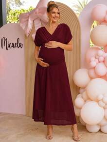 Loomaby Elegant Solid Color Maternity Party Dress - Burgundy - View 14