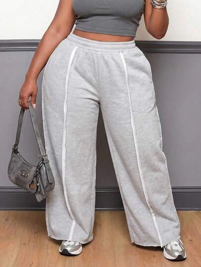 Slaydiva Plus Size Women's Pants, Gray Exposed Seam Wide Leg Sweatpan