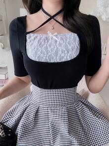 FRIFUL 2-In-1 Faux Layered Contrast Color Ruched Tie-Front Slim Fit Casual Versatile T-Shirt - Black - View 6