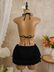 Swim Mod 3-Piece Bikini Set, Spring/Summer Vacation, Solid Color Floral Textured Fabric, Pearlescent Seashell Decor, Ruffle Trim Halter Triangle Top, Side Tie Bikini Bottoms, Double Ruffle Mini Skirt, Sexy Bikini Set - Black - View 3
