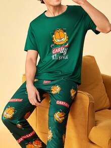 Notgurli GARFIELD | SHEIN Conjunto de ropa de estar en casa con camiseta de manga corta y pantalones estampados de marca compartida para hombre - Multicolor - Ver 1