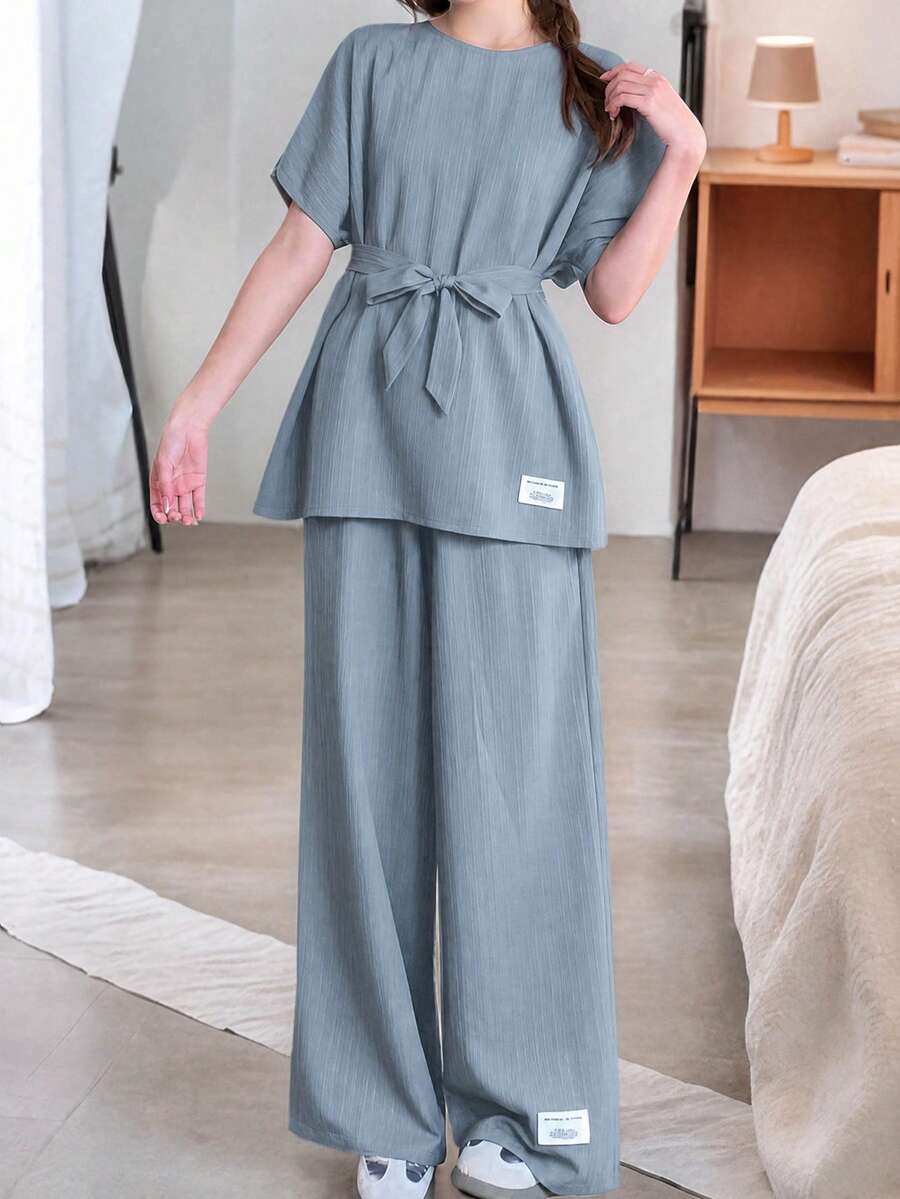 SHEIN 少女两件套:宽松梭织纹理插肩袖系带腰身印花衬衫和阔腿裤,适合春夏、度假、休闲外出、春季野餐、日常穿着。 - 霧霾藍 - 查看 1