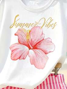 Tween Girl Pink And White Summer Casual Vacation Holiday Fashionable Floral & Vertical Striped Graphic Letter Print T-Shirt And Shorts Set - Multicolor - View 7