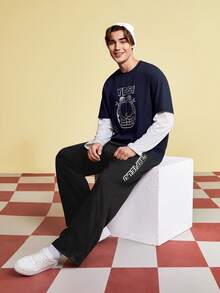 GARFIELD | SHEIN Men 2pcs/Set Casual Letter Cartoon Print 2 In 1 T-Shirt And Pants Set - Navy Blue - View 9