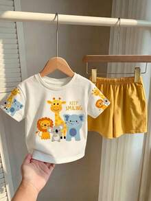 Baby Boy Casual Simple Cartoon Print Round Neck Short Sleeve T-Shirt And Shorts 2pcs Set Suitable For Summer Casaul Versatile - Multicolor - View 6