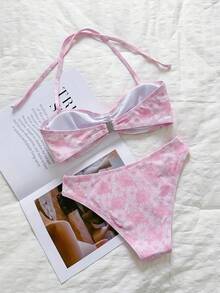 Swim Mod 花卉蕾絲可愛甜美復古休閒度假海灘海濱女款泳衣套裝 - 粉色 - 查看 2