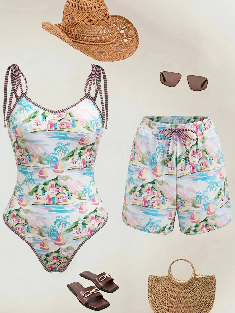 Swim Oasis 26SS 春夏度假風 魚圖案波希米亞風 分體式泳衣短褲兩件套 - 彩色 - 查看 1