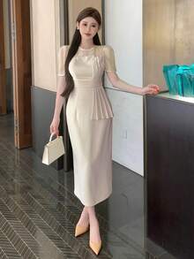 DAZY Gaun Pesta Teh Musim Panas Elegan Warna Beige untuk Wanita, Panjang Sedang, Gaun Tamu Pernikahan dengan Patchwork Jaring & Lengan Puff Berkerut, Gaun Prom Tanpa Bahu - Krem - View 6