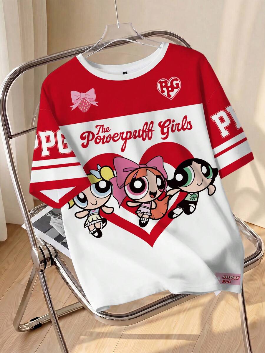 THE POWERPUFF GIRLS X SHEIN 大尺碼女款卡通印花休閒日常短袖T恤 - 白色 - 查看 1