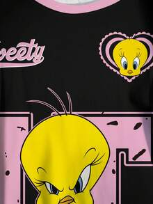 LOONEY TUNES X SHEIN Kaos Lengan Pendek Kasual Harian Wanita Ukuran Besar dengan Motif Kartun - Putih - View 4