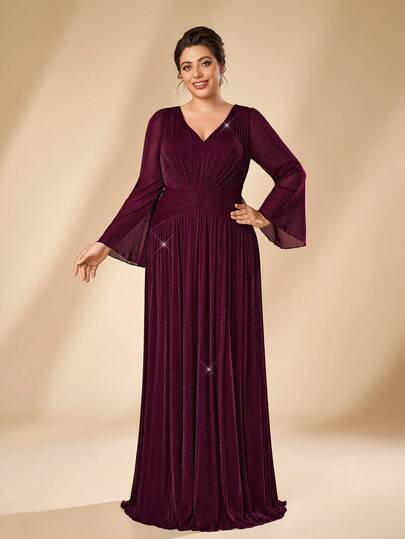 Serin Plus Size Elegant Purple-Red Elastic Silver Thread Shimmer Knit V-Neck Long Sleeve Ruched A-Line Maxi Dress With Flared Hem, Suitable For Ball, Vacation, Birthday Party, Formal Dinner, Wedding, Mother Of The Bride