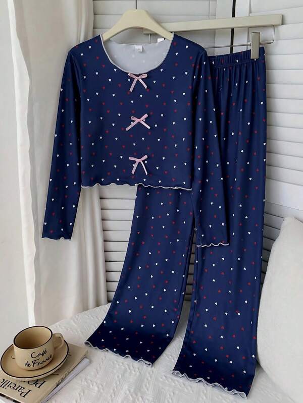 Girls' Royal Blue Small Heart Print Long Sleeve Cropped Top And Matching Heart Print Long Pants Pajama Loungewear Set