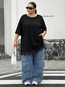 SHEIN CURVE+ 大尺碼時尚優雅休閒寬鬆日常正式居家穿搭黑色T恤極簡風2026夏季22W - 黑色 - 查看 6