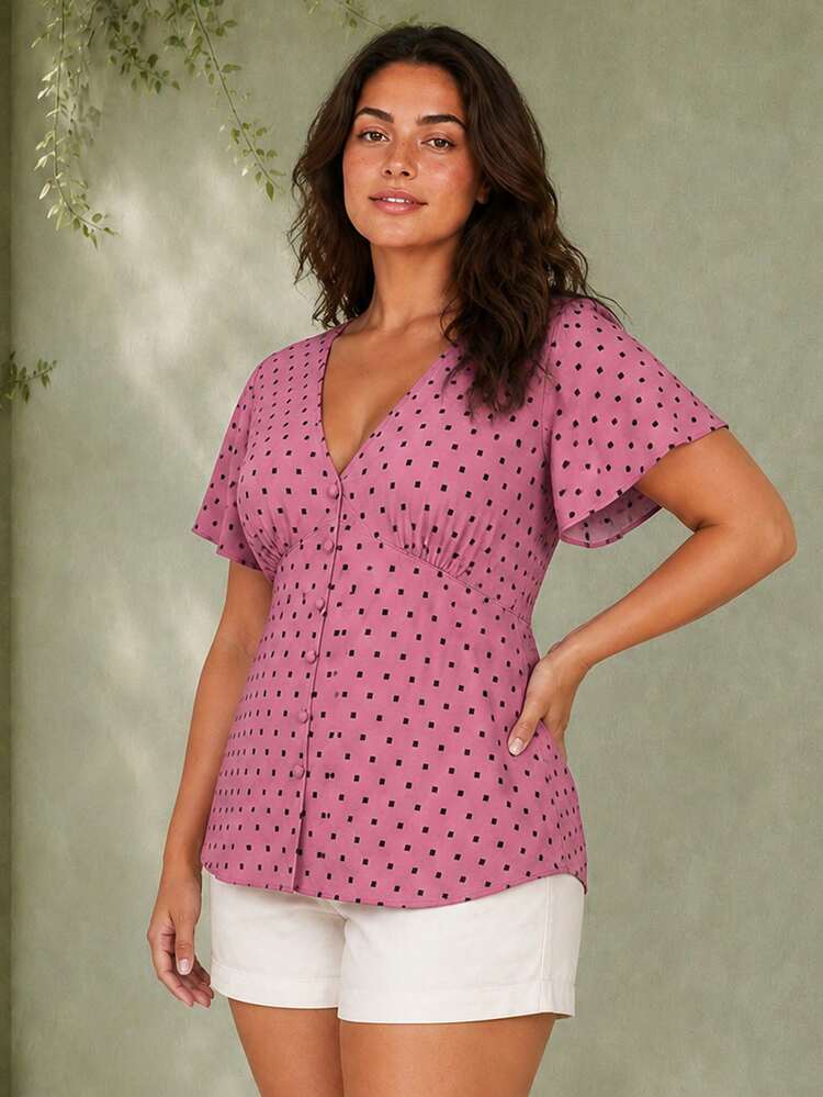 ELLERISSA Blusa de talla grande color rojo violeta con lunares, cuello en V, botones delanteros, lazo en la espalda y mangas volantes - Rojo violeta - Añade 1