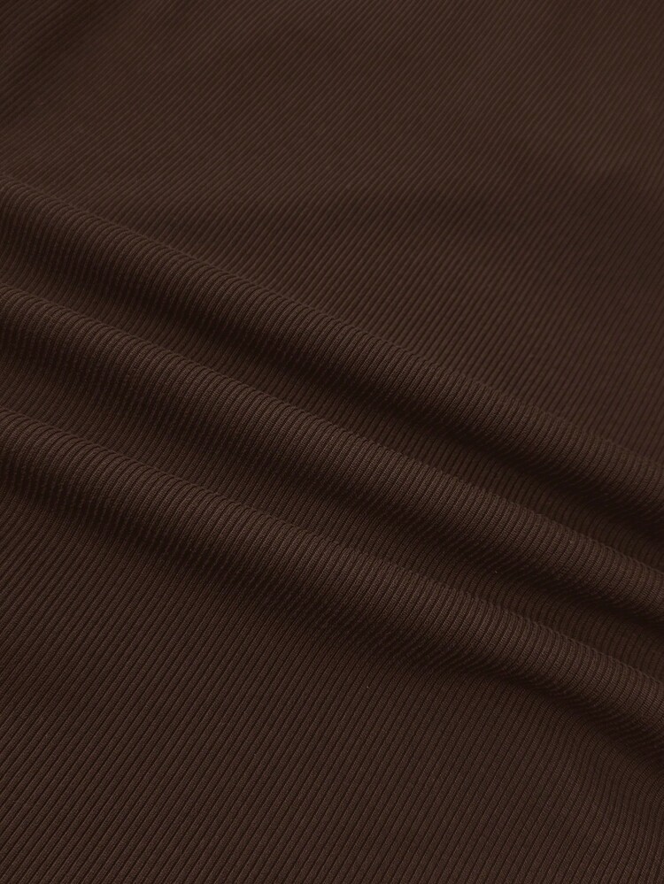 SHEIN Teen Girls Brown And White Collar Knit Casual Color Block Patchwork Fitted Waist T-Shirt Top With Small Logo Embroidery - Brown - View 6