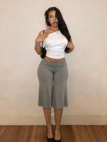 BamGleam Hot Girl Style White Asymmetrical Shoulder Short T-Shirt + White Wide Leg Capri Pants Set, Casual Style Two Pieces Set Lounge Summer - Multicolor - View 6
