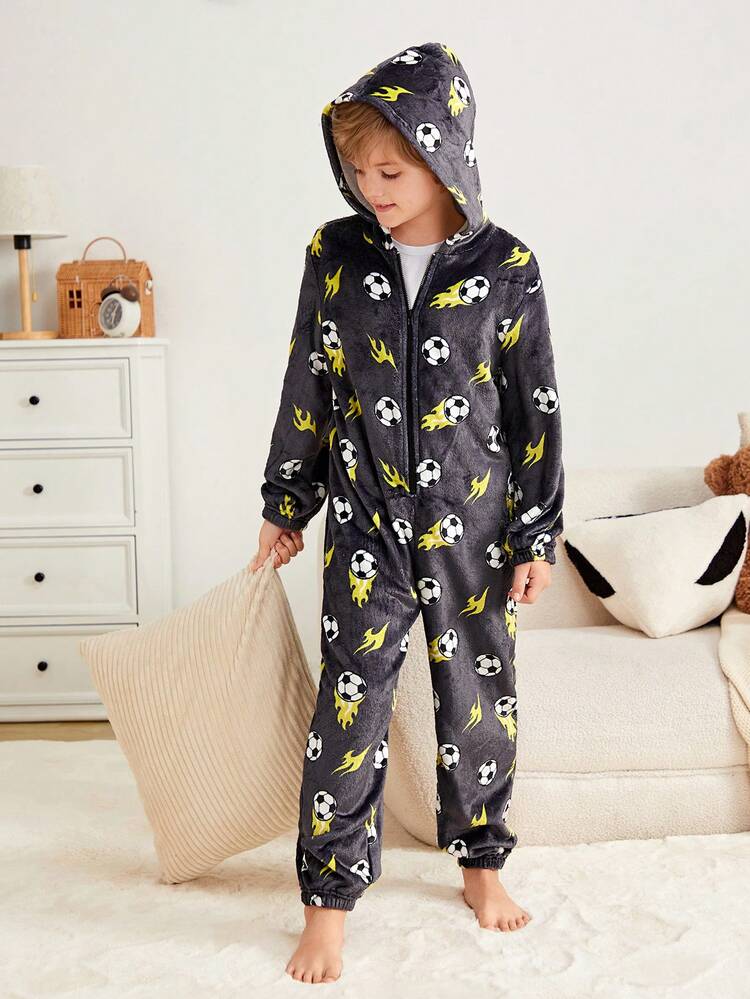 SHEIN Kids Tween Boy Football Print Hooded Pajamas, Thick Fleece Skin-Friendly Sleepwear, Suitable For Autumn/Winter - Multicolor - View 2