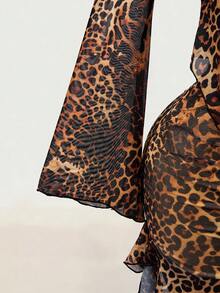BamGleam Top sexy Y2K pour femme, taille cintrée contrastée, imprimé léopard rétro, manches longues évasées et côtés transparents - Tabac - Voir 4