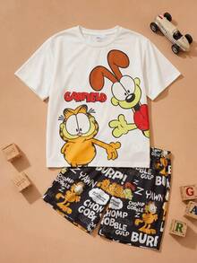 GARFIELD | SHEIN Tween Boy Cartoon Print Top And Shorts Pajama Set - Black and White - View 1