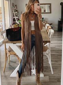 Brillora Studded Detail Fringe Hem Vest Coat In Fall/Winter - Coffee Brown - View 10