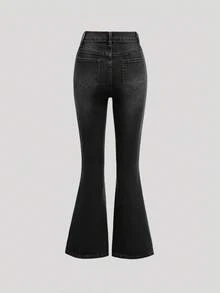 SHEIN Girlism 青少年女孩口袋鈕扣休閒百搭日常穿著喇叭牛仔褲 - 黑色 - 查看 2