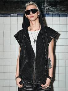 ROMWE MEN Grunge Punk Men's Batwing Sleeve Eyelet Zipper Placket Hooded Denim Vest - Black - View 1