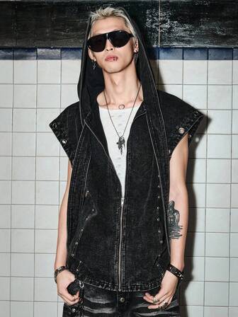 Street Life Gilet in denim da uomo con maniche a pipistrello, occhielli, chiusura con cerniera e cappuccio