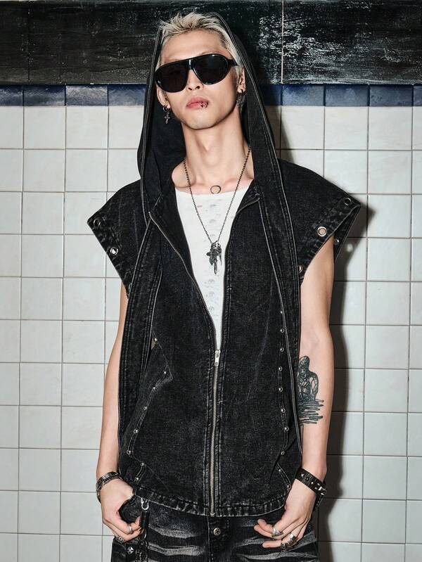 ROMWE MEN Street Life Men's Batwing Sleeve Eyelet Zipper Placket Hooded Denim Vest