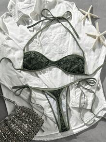 Costavie Swim Vcay 兩件式比基尼套裝，春夏海灘度假，亮片紋理布料，掛脖平口上衣搭配側綁繩丁字褲，性感 - 軍綠色 - 查看 7