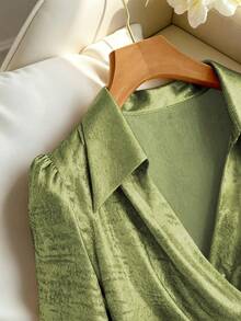 Franclia Elegant Olive Green Blouse For Women,Fall Winter Office Top  Puff Long Sleeve,Collar Neck,Asymmetrical Hem,Cinched Waist & Side Hidden Zipper Details - Olive Green - View 4