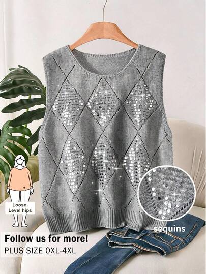 CosyJoli Atasan Tank Top Pullover Romantis Serbaguna untuk Wanita Ukuran Plus, Elegan, Kasual Gaya Prancis, Berhiaskan Manik-manik, Motif Berlian Berongga, Cocok untuk Perjalanan Musim Gugur/Dingin
