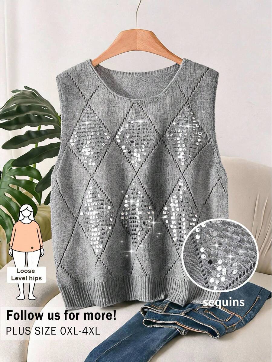 CosyJoli Plus Size Elegant French Casual Beaded Knit Hollow Diamond Lattice Commute Versatile Romantic Pullover Tank Top For Women Fall/Winter