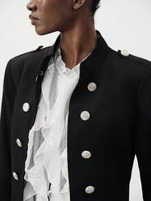 Aveloria Modichic Jaket Kantor Gaya Napoleon Warna Hitam Polos untuk Musim Panas/Gugur, Kancing Depan, Hiasan Bahu, Epaulette, Gesper Logam, Elegan, Berkelas, Kasual, Pas Badan. - Hitam - View 2