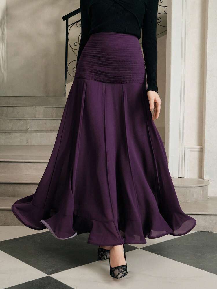 Anewsta Elegant Fashion High Waist Pleated Purple Chiffon Ruffle Hem Long Skirt For Women, Party, New Year, Party, Wedding, Elegant, Chic, Stylish, Spring, Summer, Valentine - Purple - View 4