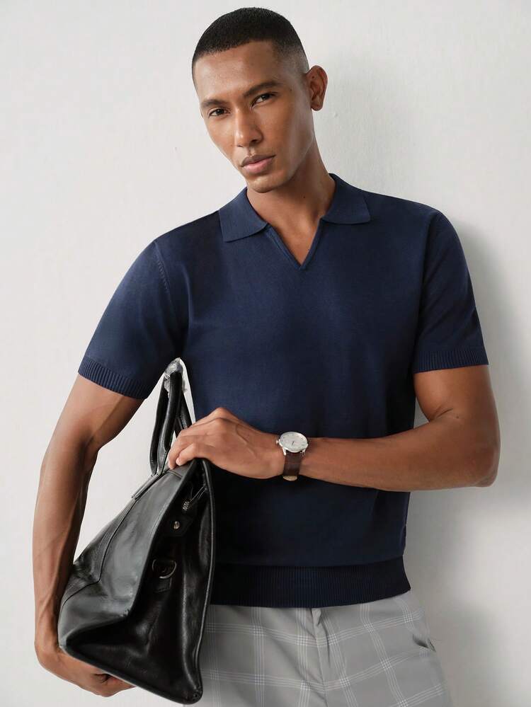 Manfinity CityGents Men's Casual Versatile Solid Color Short Sleeve Knit Top - Navy Blue - View 2