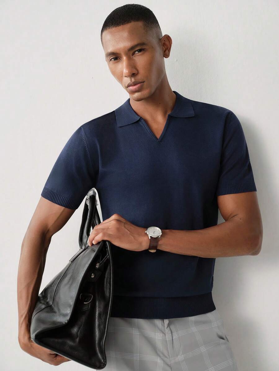 Manfinity CityGents Men's Casual Versatile Solid Color Short Sleeve Knit Top - Navy Blue - View 1