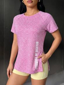 SHEIN Sports 女款字母印花休閒日常運動短袖T恤 - 粉色 - 查看 3