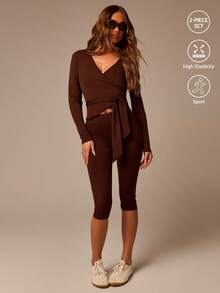 Athîral Women's Solid Color V-Neck Pleated Long Sleeve Top And Pants Casual Daily Sports Set - Brown - View 3