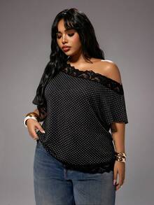 Rustia Plus Size Spring/Summer Contrast Lace Asymmetrical Shoulder Blouse - Black - View 3