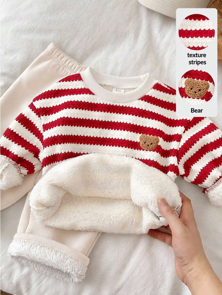 LMoss Kids 男嬰秋冬條紋圓領衛衣與長褲套裝,保暖內裡加厚兩件套服裝 - 彩色 - 查看 1