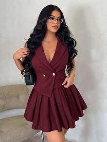 SHEIN x Lina SHEIN SXY 夏季簡約優雅性感純黑色修身套裝 - 酒紅色 - 查看 2