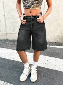 SHEIN 青少年女孩夏季休閒寬腿牛仔短褲 - 黑色 - 查看 5