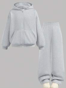 SHEIN 兒童青少年女孩休閒運動純色拉鍊連帽衛衣褲套裝 機場度假風 淺灰色 秋季 - 灰色 - 查看 11