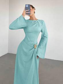 Siren Gaze 女款純色扭結細節前金屬扣裝飾喇叭袖長袖洋裝，女款婚禮賓客禮服，女款冬季洋裝 - 薄荷藍 - 查看 5