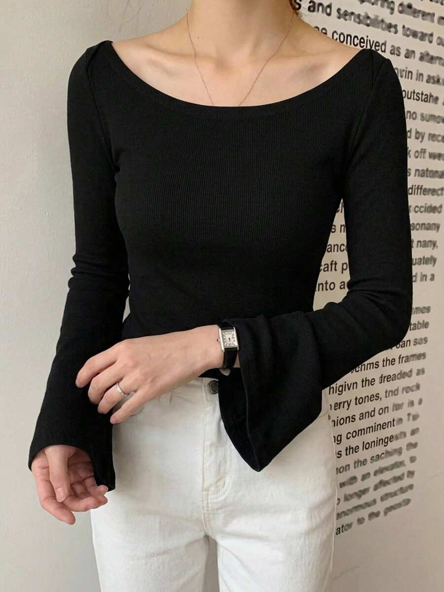 DAZY 女款大圓領修身短袖優雅T恤 灰色 春夏款 - 黑色 - 查看 1