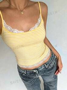 Aloruh Women's Sexy Y2K Lace Patchwork Striped Camisole - Yellow - View 8