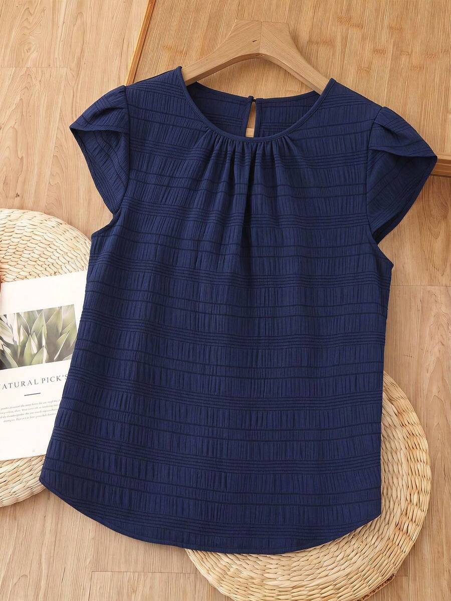 Rusticease Solid Color Petal Sleeve Back Keyhole Blouse,Short Sleeve Tops - Blue - View 1