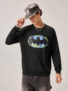 Strevion Men's Casual Batman Logo Print Crew Neck Long Sleeve Sweatshirt, Spring/Autumn - Black - View 3