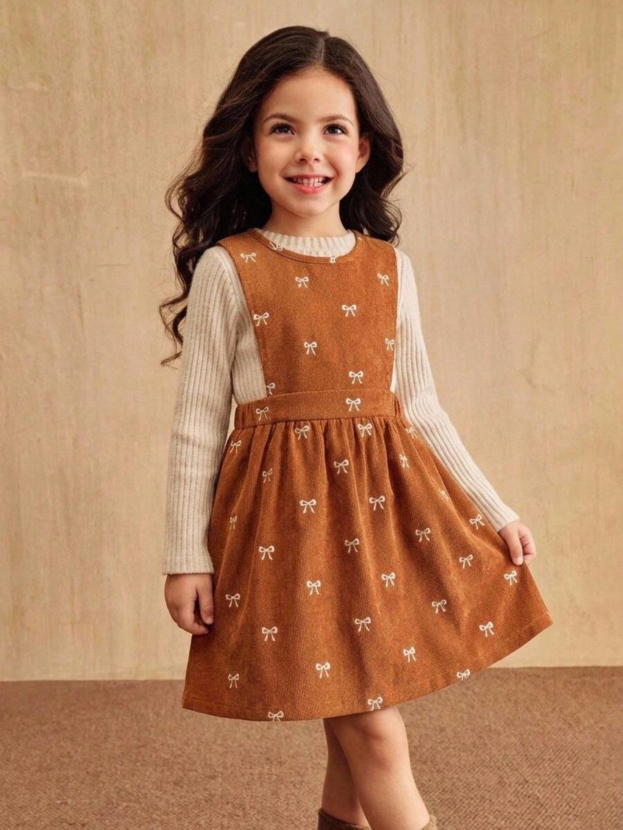 SHEIN 女童純色上衣與蝴蝶結刺繡洋裝 2 件套 - 棕色 - 查看 1